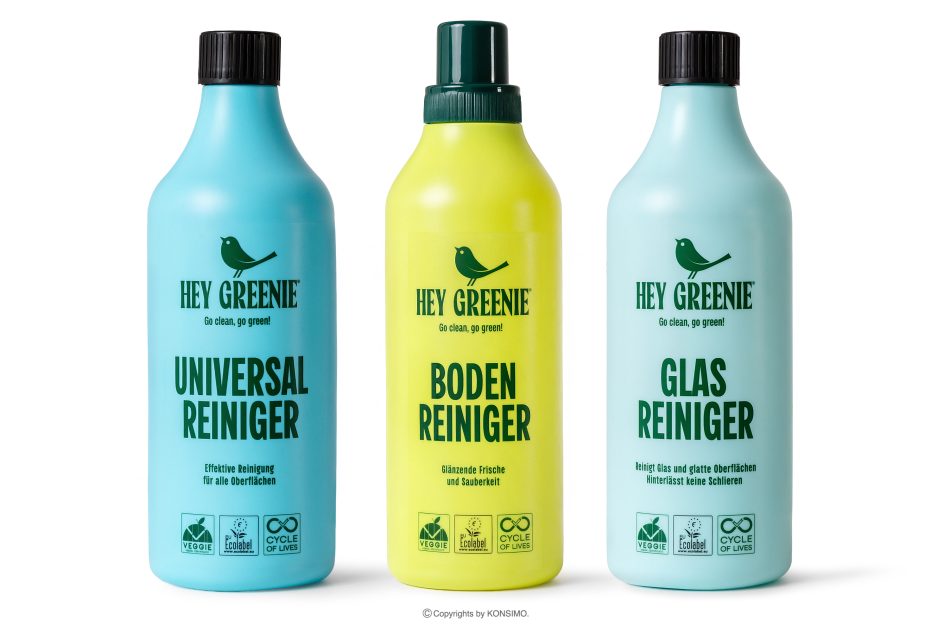 HEY GREENIE Ökologisches Reinigungsset – Reinigungsmittel für Fußböden, Glas und Universalreiniger (3 Stück) gelb/hellblau/blau - Foto 0
