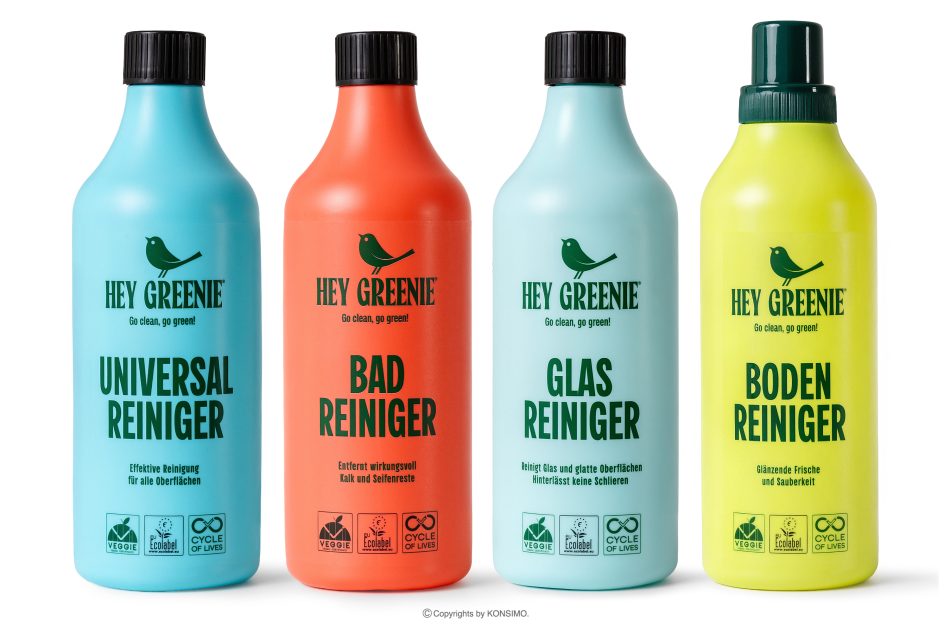 HEY GREENIE Veganes Reinigungsset – Reinigungsmittel für Fußböden, Badezimmer, Glas und Universalreiniger (4 Stück) gelb/rosa/hellblau/blau - Foto 0