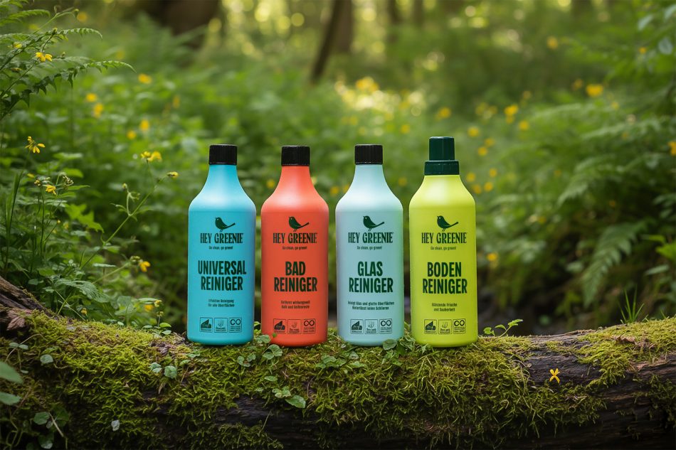 HEY GREENIE Veganes Reinigungsset – Reinigungsmittel für Fußböden, Badezimmer, Glas und Universalreiniger (4 Stück) gelb/rosa/hellblau/blau - Foto 1