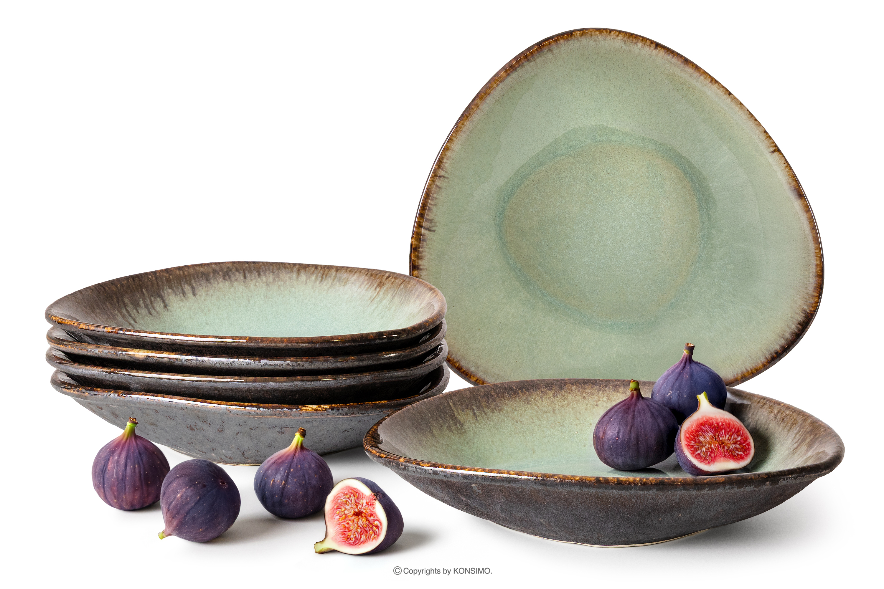 Handglasierter Keramik-Tiefteller 6 Stück salbeifarben