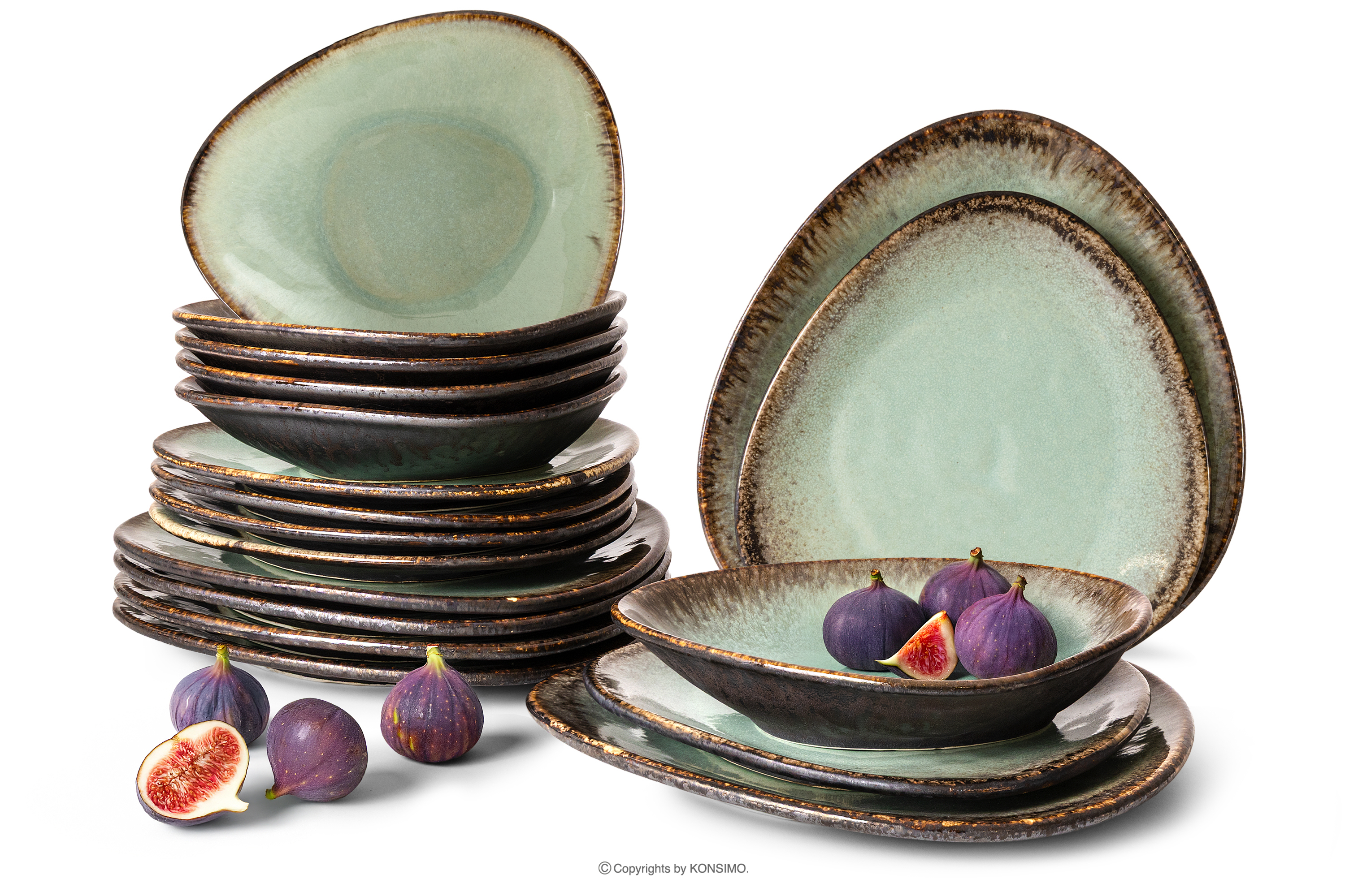 Handglasiertes Geschirr-Set 6 Personen (18 tlg.) salbeifarben