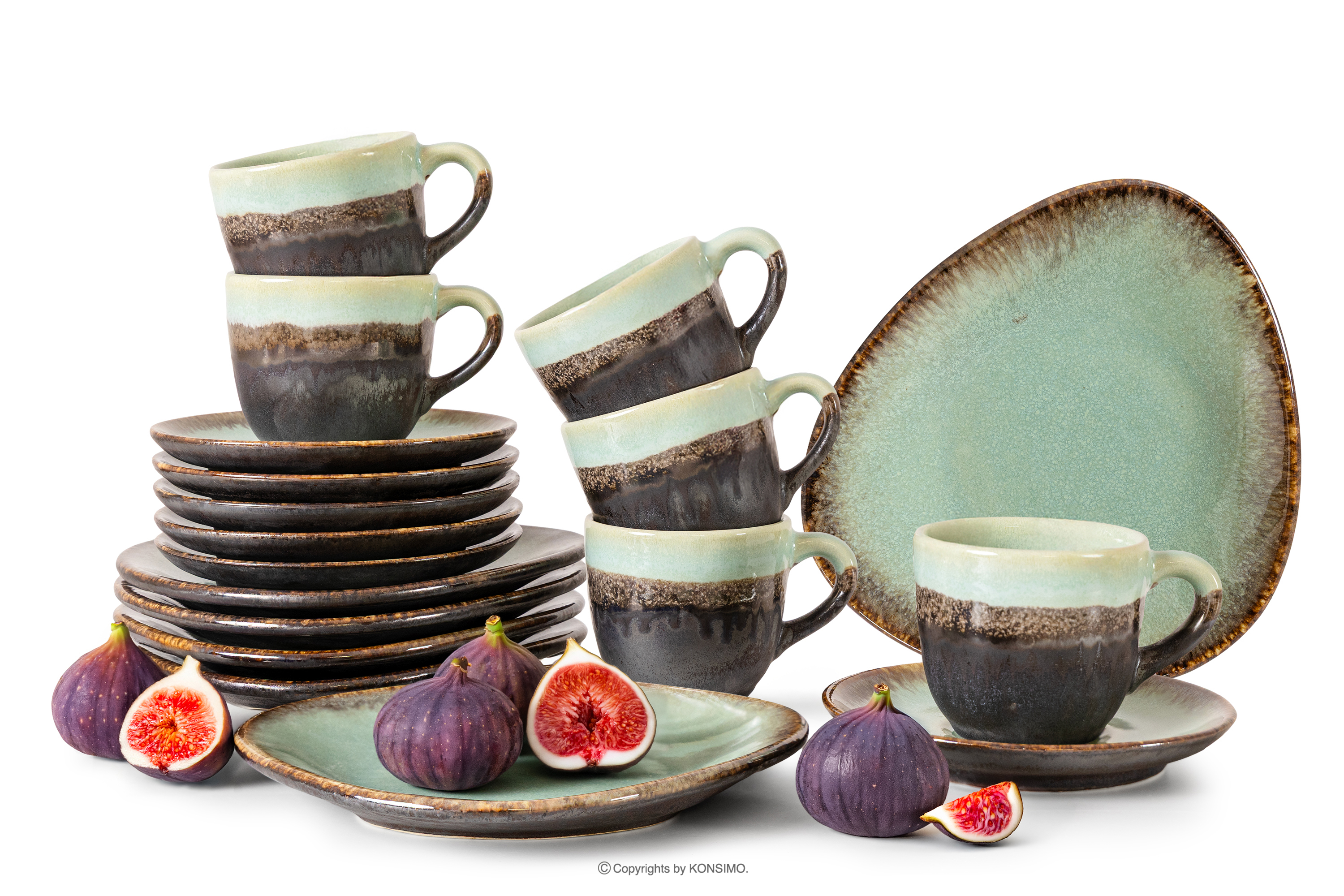 Handglasiertes Kaffeegeschirr 6 Personen (18 tlg.) salbeifarben