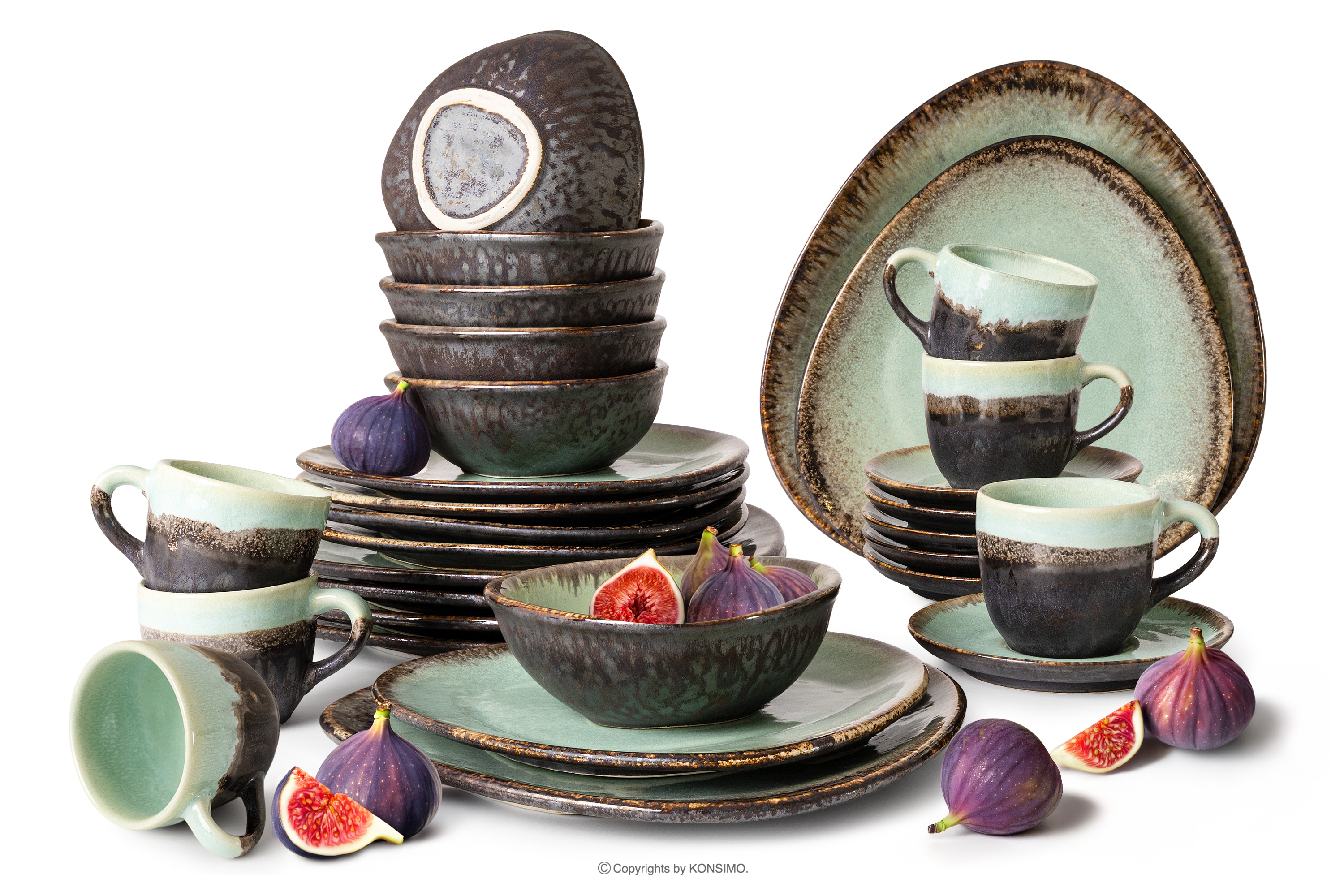 Kombiservice aus handglasierter Keramik für 6 Personen (30 tlg.) salbeifarben