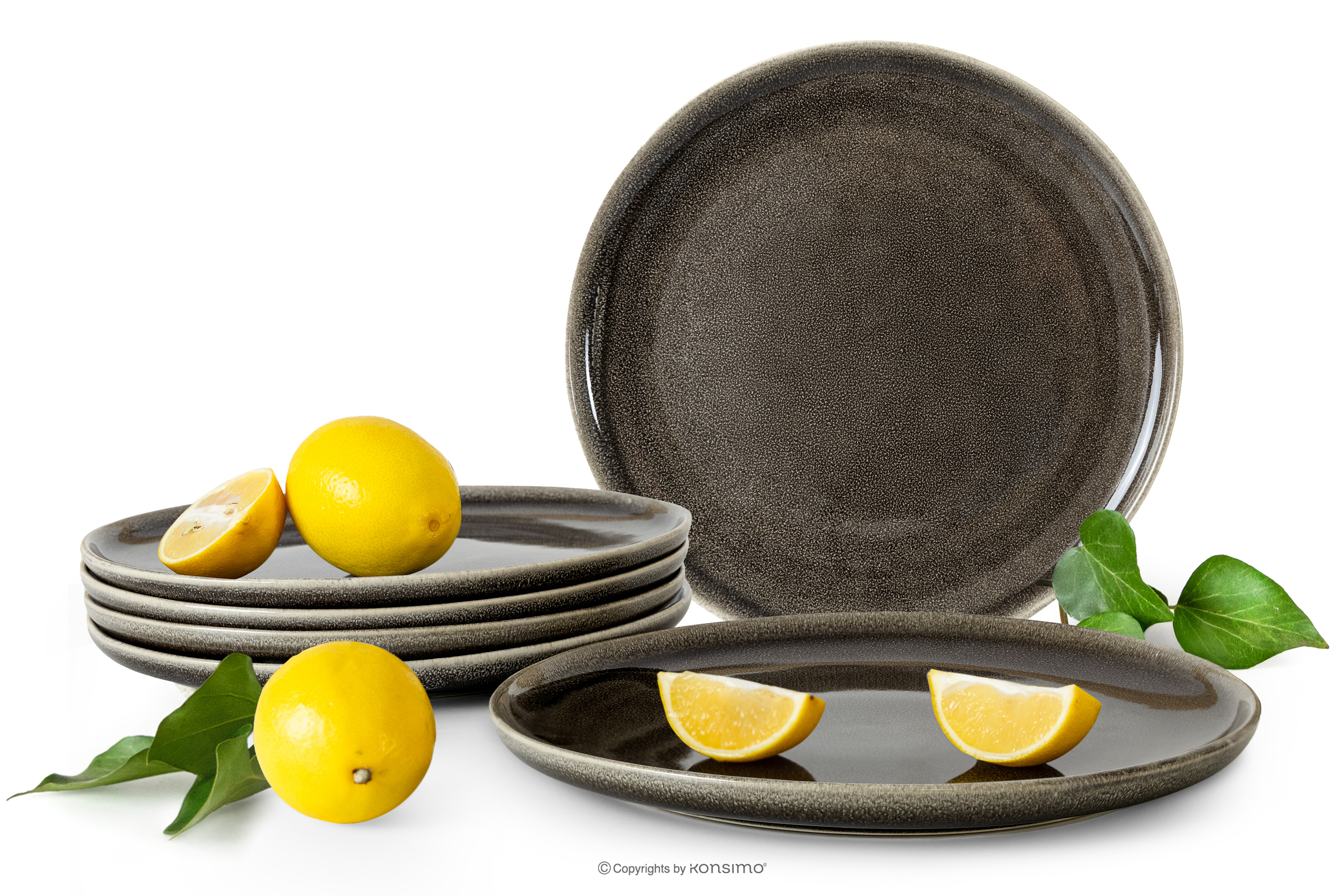 Essteller, 6 Stück, aus Keramik im rustikalen Stil, braun/grau/beige