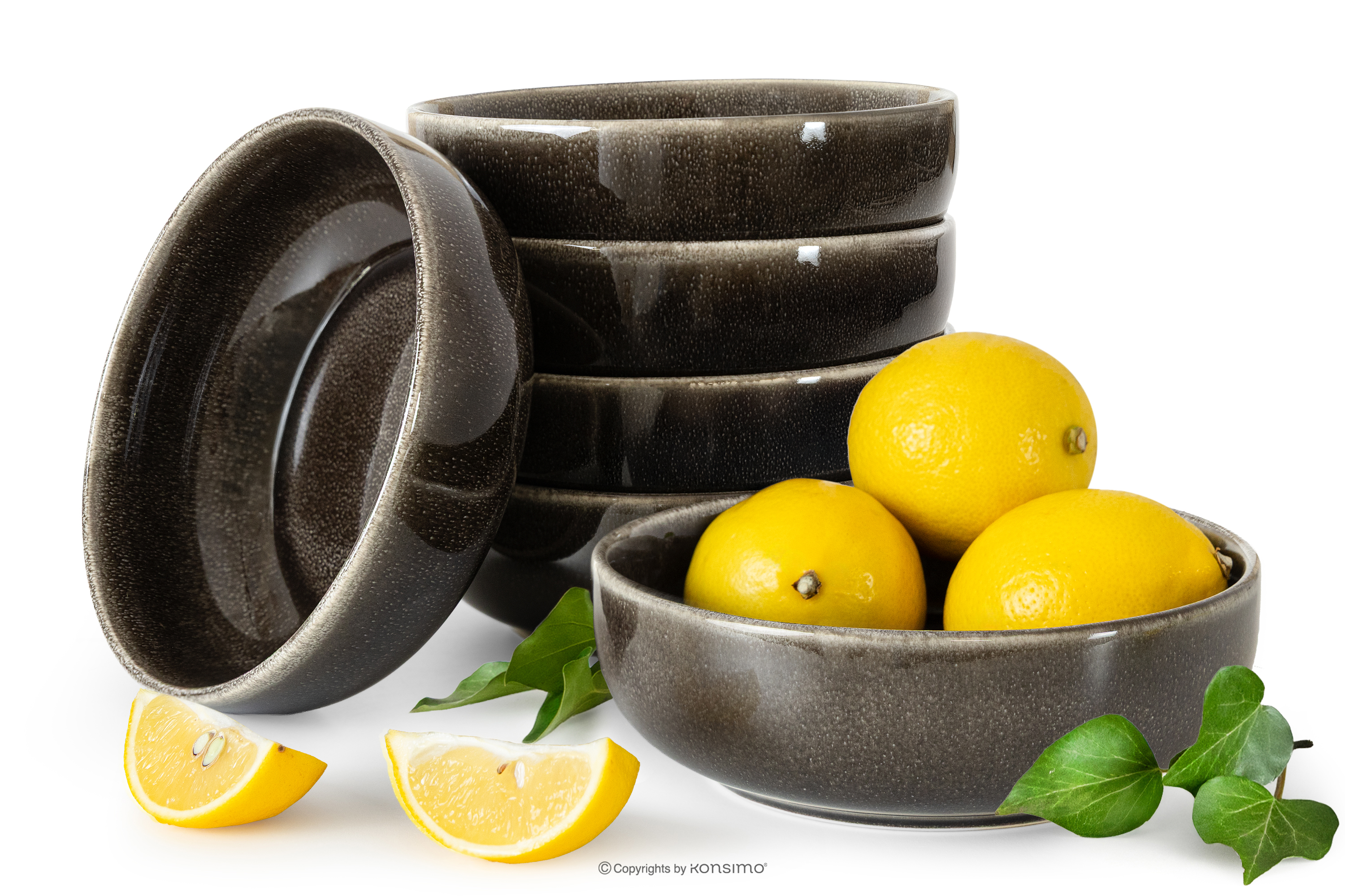 Keramikschale im rustikalen Stil, braun/grau/beige, 6 Stück