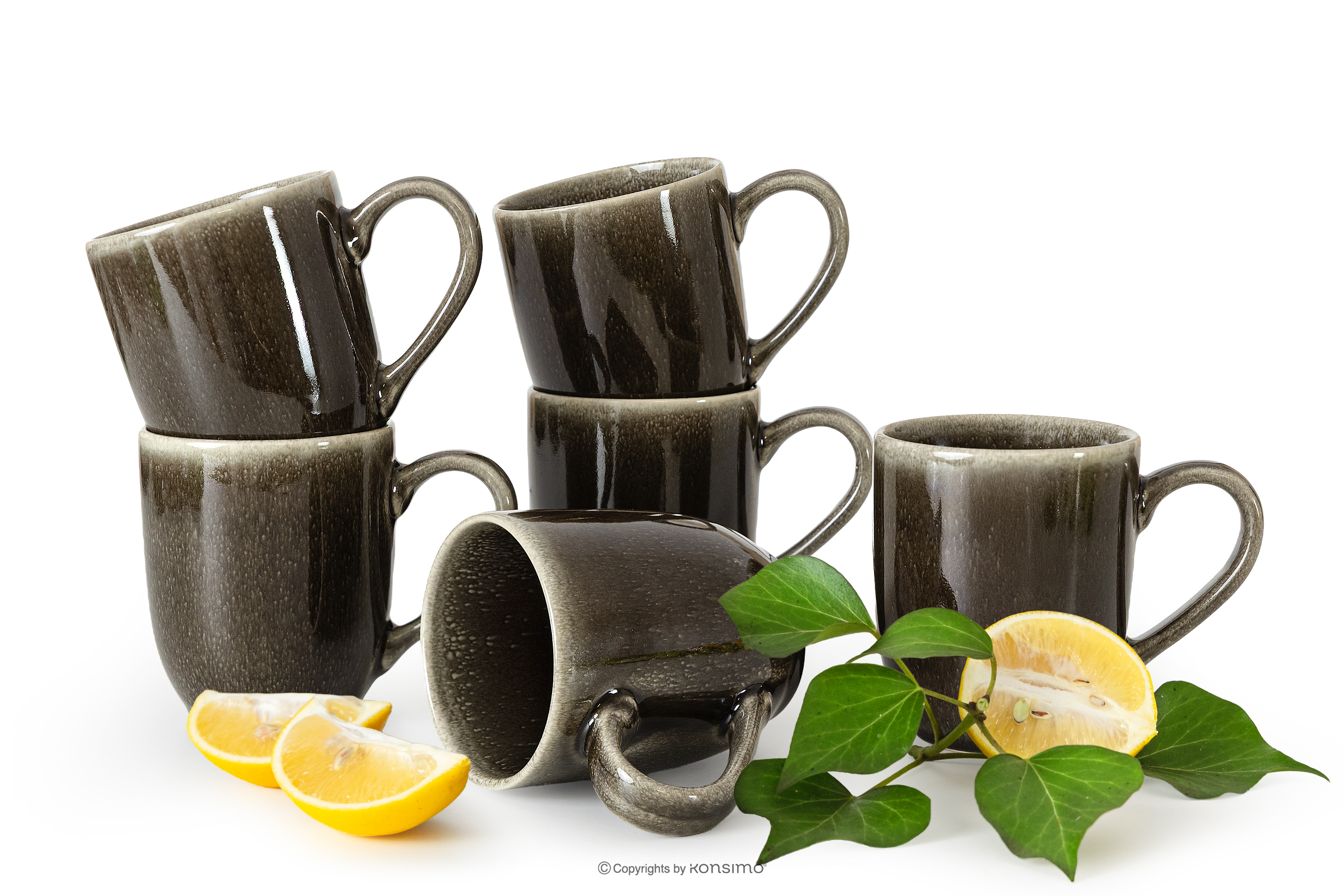 Keramikbecher im rustikalen Stil, braun/grau/beige, 6 Stück