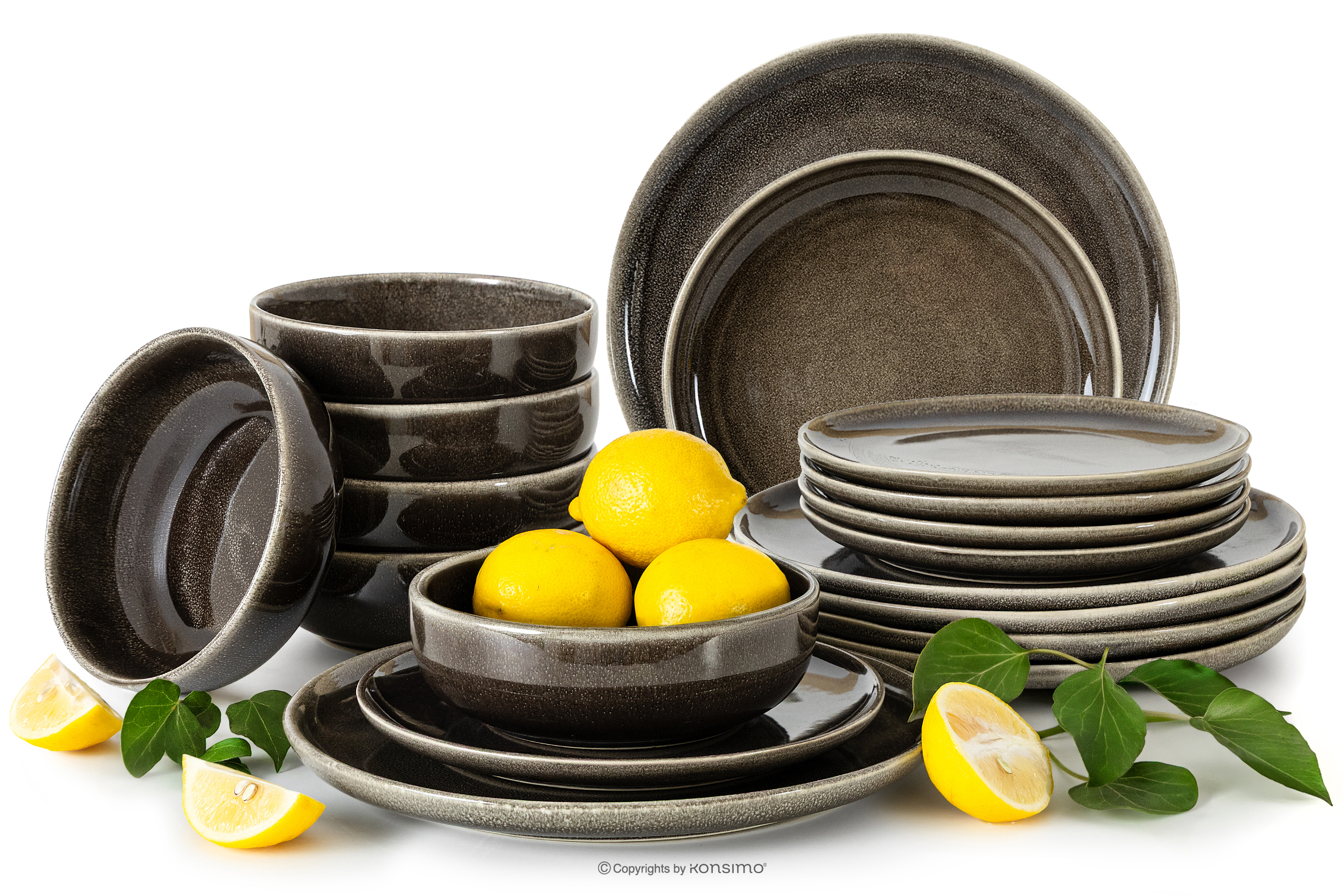 Geschirrset für 6 Personen (18 tlg) aus Keramik im rustikalen Stil, braun/grau/beige
