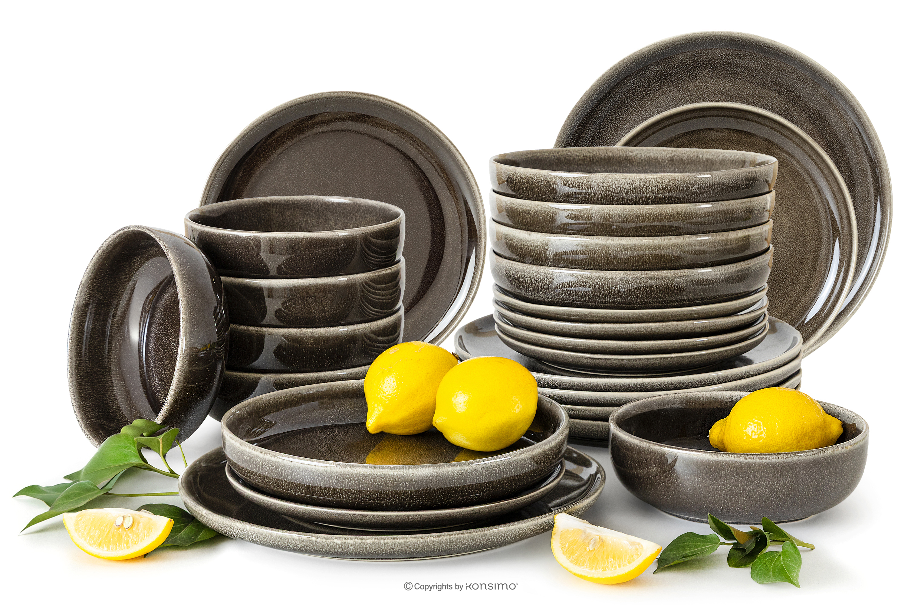 Geschirrset für 6 Personen (24 tlg) aus Keramik im rustikalen Stil, braun/grau/beige