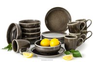 Frühstücksset für 6 Personen (18 tlg) aus Keramik im rustikalen Stil, braun/grau/beige