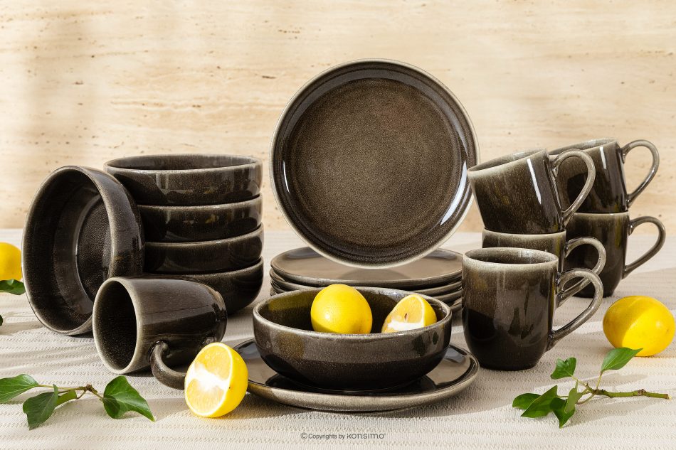 EDA Frühstücksset für 6 Personen (18 tlg) aus Keramik im rustikalen Stil, braun/grau/beige braun/grau/beige - Foto 1