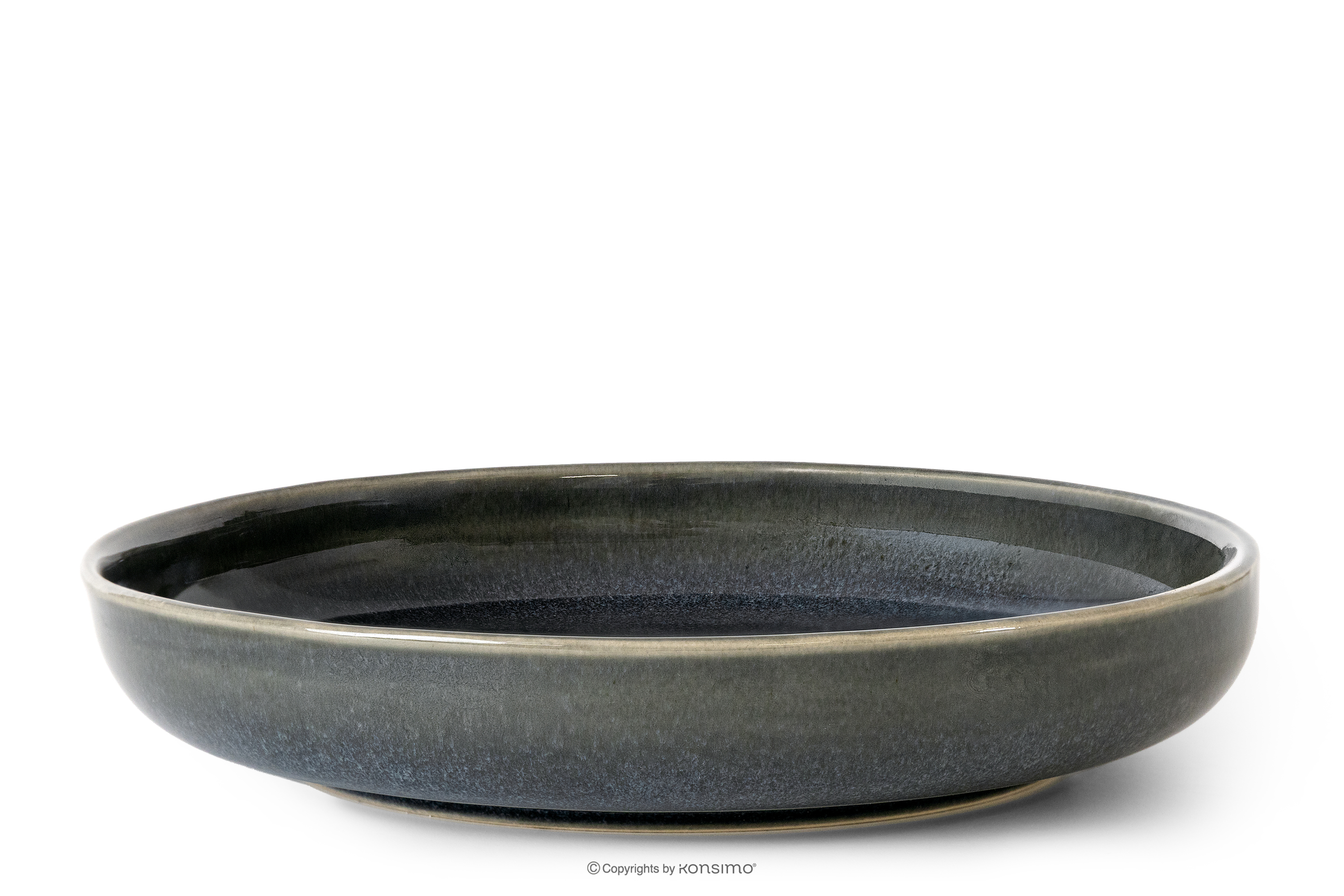 Tiefer Teller aus Keramik im rustikalen Stil, blau/grau/beige