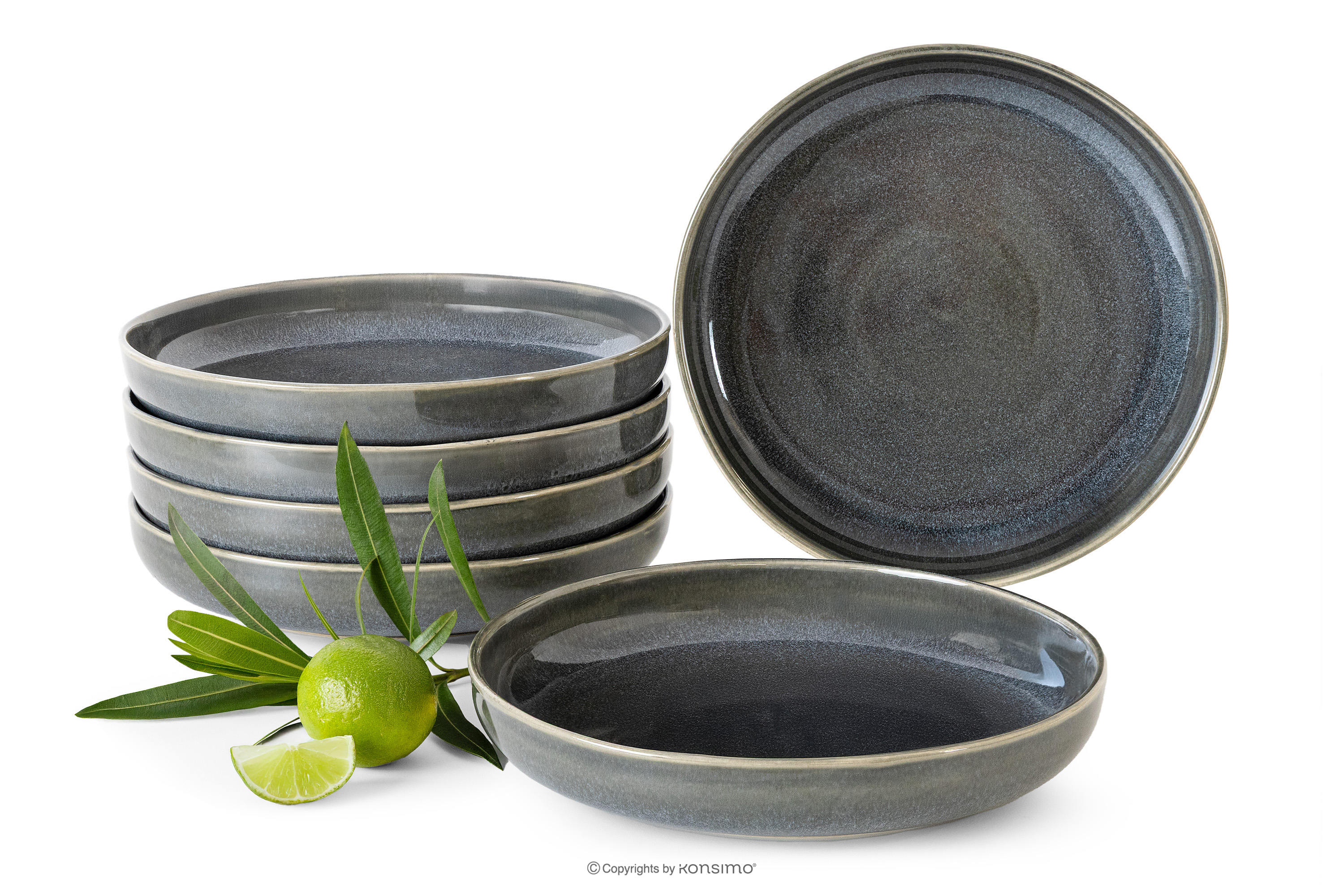 Tiefer Teller 6 Stück aus Keramik im rustikalen Stil blau/grau/beige