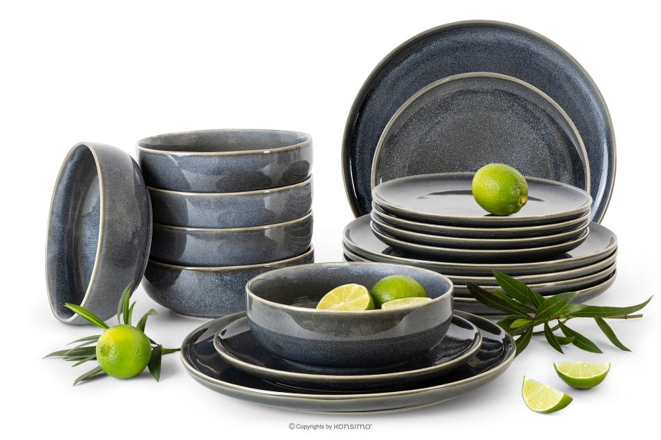 EDA Geschirrset für 6 Personen (18 tlg) aus Keramik im rustikalen Stil, blau/grau/beige blau/grau/beige - Foto 0