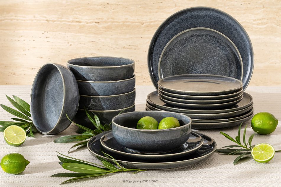 EDA Geschirrset für 6 Personen (18 tlg) aus Keramik im rustikalen Stil, blau/grau/beige blau/grau/beige - Foto 1