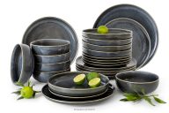 Geschirrset für 6 Personen (24 tlg) aus Keramik im rustikalen Stil, blau/grau/beige