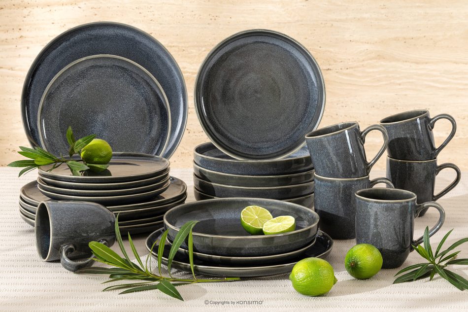 EDA Geschirrset für 6 Personen (24 tlg) aus Keramik im rustikalen Stil, blau/grau/beige blau/grau/beige - Foto 1