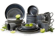 Geschirrset für 6 Personen (24 tlg) aus Keramik im rustikalen Stil, blau/grau/beige