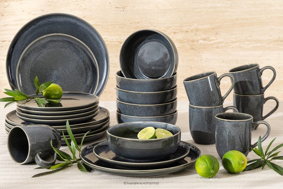 EDA Geschirrset für 6 Personen (24 tlg) aus Keramik im rustikalen Stil, blau/grau/beige blau/grau/beige - Foto 1