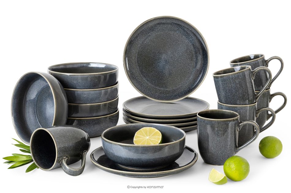 EDA Frühstücksset für 6 Personen (18 tlg) aus Keramik im rustikalen Stil, blau/grau/beige blau/grau/beige - Foto 0