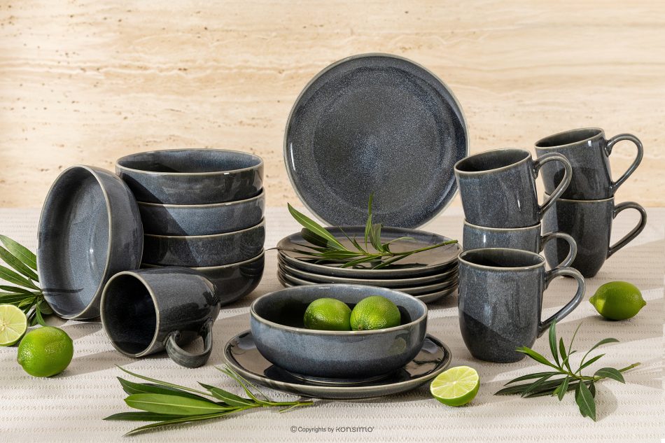 EDA Frühstücksset für 6 Personen (18 tlg) aus Keramik im rustikalen Stil, blau/grau/beige blau/grau/beige - Foto 1