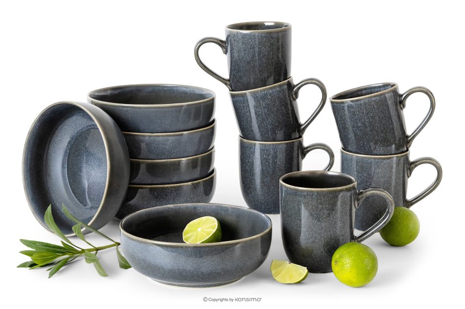 EDA Frühstücksset für 6 Personen (12 tlg) aus Keramik im rustikalen Stil, blau/grau/beige blau/grau/beige - Foto 0