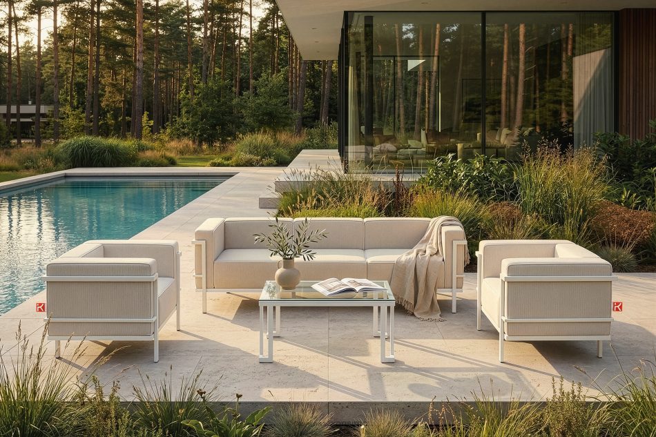 TRIGLO Modernes Gartensofa 3 auf Metallbeinen weiß/dunkelbeige/weiß weiß/dunkelbeige/weiß - Foto 10