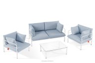 Gartenmöbel-Set 2x Sessel, Zweisitzer-Sofa, Tisch weiß/hellblau/weiß