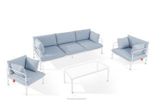 RAMBE, https://konsimo.de/kollektion/rambe/ Gartenmöbel-Set 2x Sessel, Dreisitzer-Sofa, Tisch weiß/hellblau/weiß weiß/hellblau/weiß - Foto