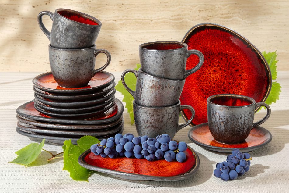 PRIMA Handglasiertes Kaffeegeschirr 6 Personen (18 tlg.) rot rot - Foto 1