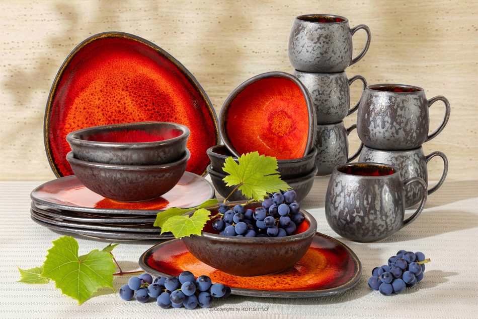 PRIMA Handglasiertes Frühstücksset 6 Personen (18 tlg.) rot rot - Foto 1