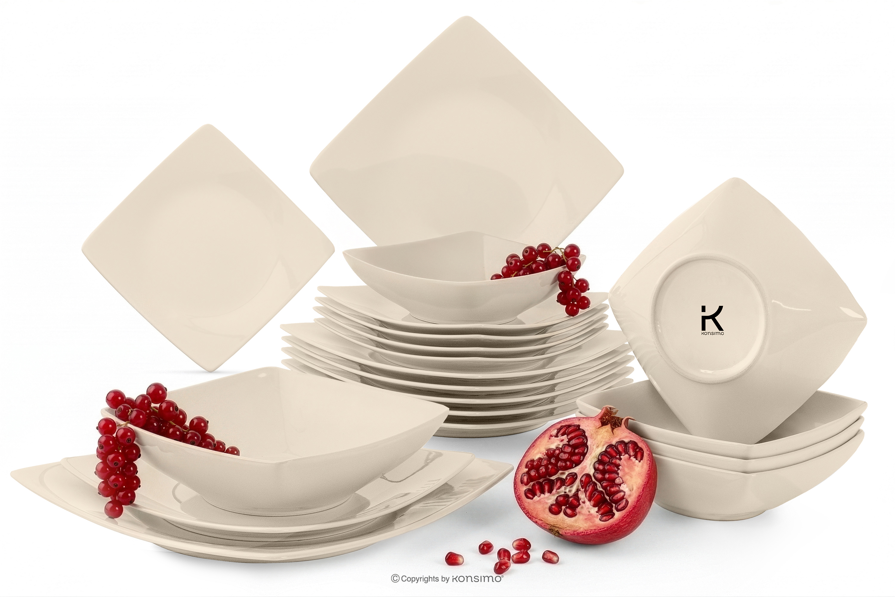 Quadratisches Essgeschirrset beige glänzend für 6 Personen (18 tlg)