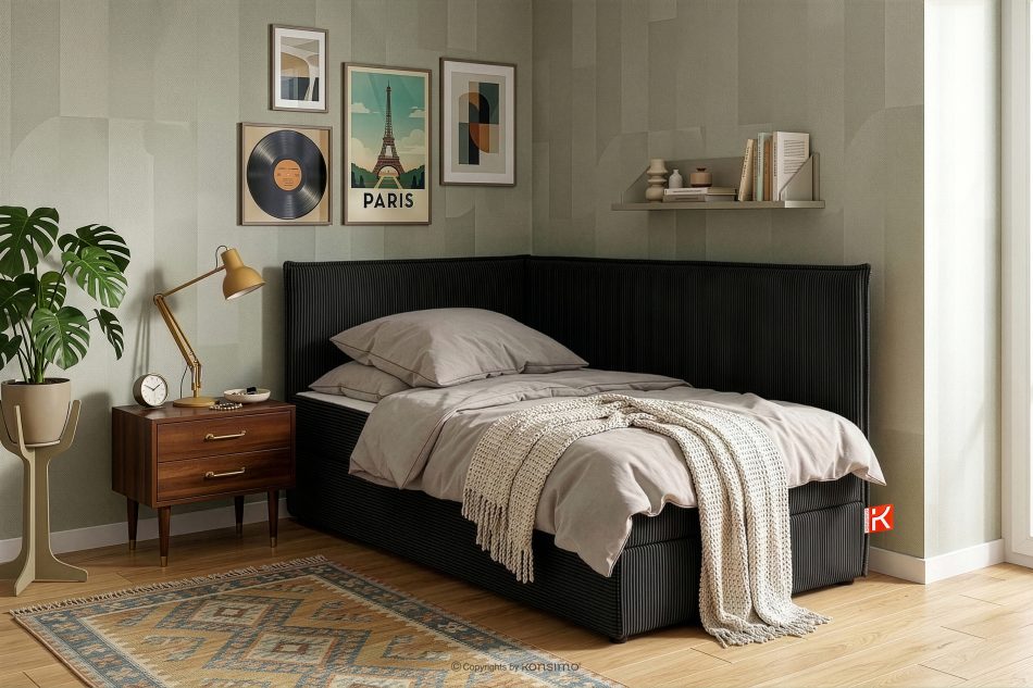 ROTI Boxspringbett mit Rückenlehne aus Kordstoff 90 cm schwarz schwarz - Foto 13