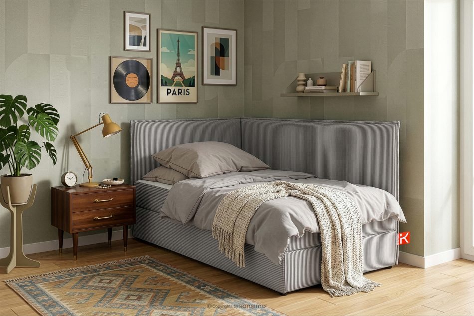 ROTI Boxspringbett mit Rückenlehne aus Kordstoff 90 cm hellgrau hellgrau - Foto 13