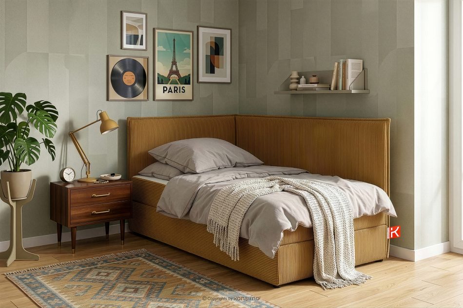 ROTI Boxspringbett mit Rückenlehne aus Kordstoff 90 cm gelb gelb - Foto 13