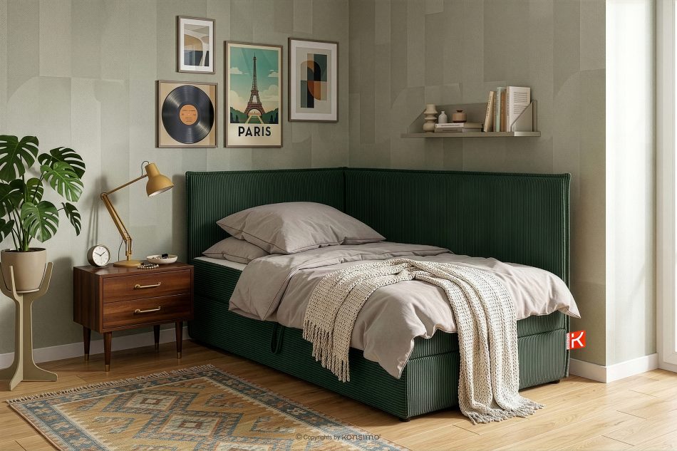 ROTI Boxspringbett 90 cm für Jugendliche mit Rückenlehne aus dunkelgrünem Kordstoff dunkelgrün - Foto 13