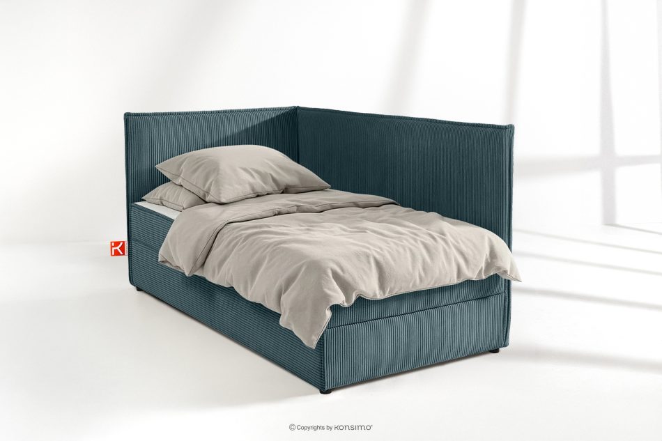 ROTI Boxspringbett 90 cm für Jugendliche mit Rückenlehne aus blauem Kordstoff blau - Foto 1
