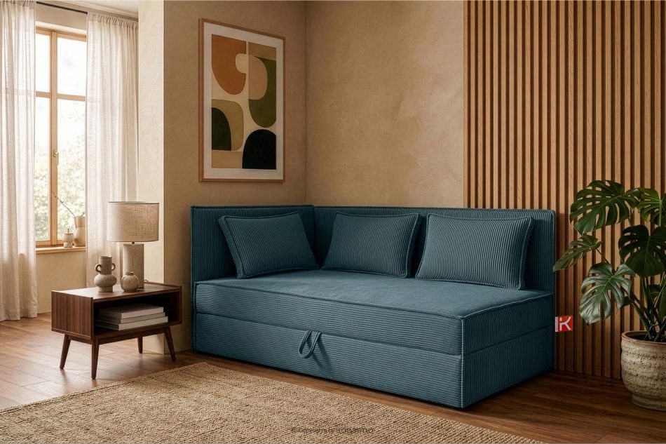 ROTI Boxspringbett 90 cm für Jugendliche mit Rückenlehne aus blauem Kordstoff blau - Foto 12