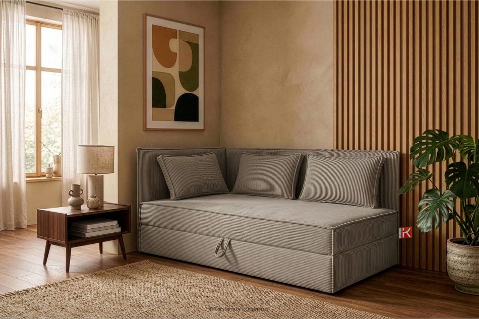 ROTI Boxspringbett 90 cm für Jugendliche mit Rückenlehne aus beigem Kordstoff beige - Foto 12