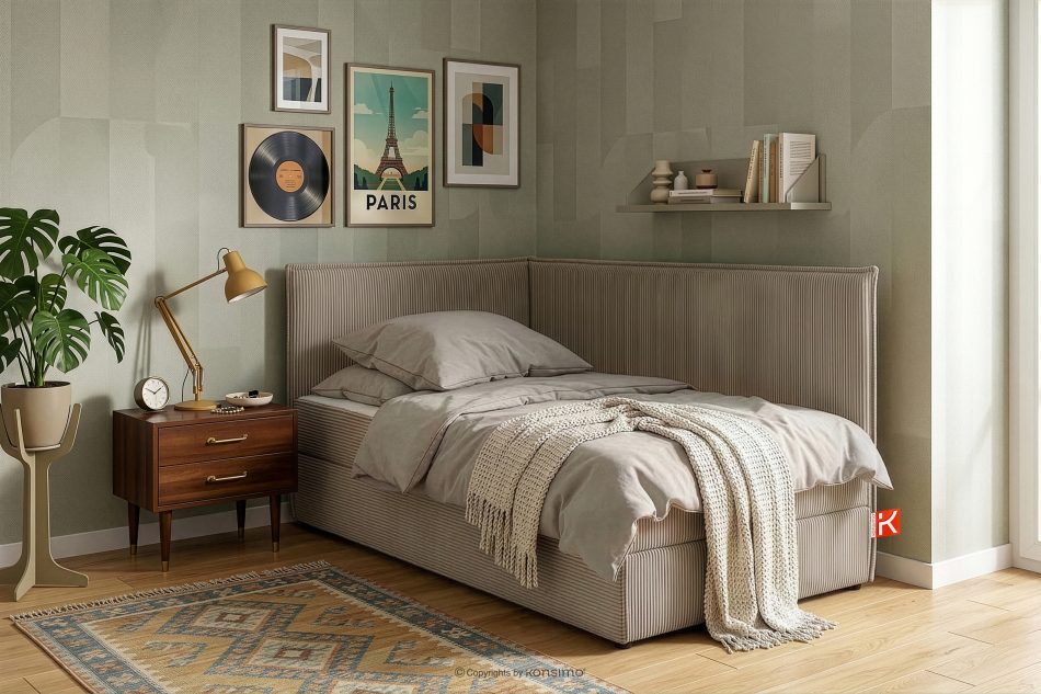 ROTI Boxspringbett 90 cm für Jugendliche mit Rückenlehne aus beigem Kordstoff beige - Foto 13