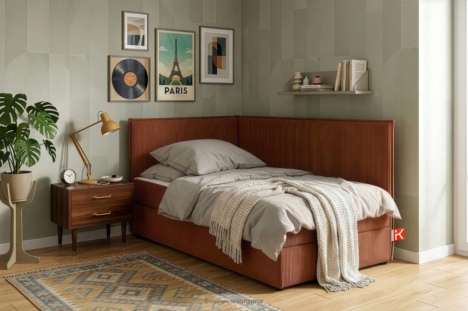 ROTI Boxspringbett 90 cm mit Rückenlehne aus rotem Kordstoff rotbraun - Foto 13