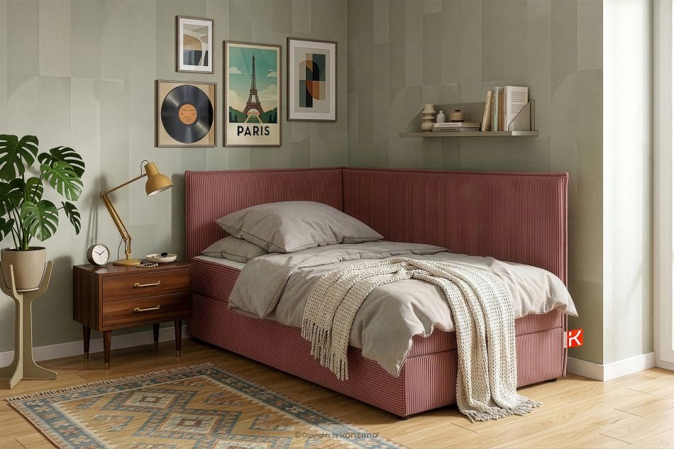 ROTI Boxspringbett 90 cm mit Rückenlehne aus rosa Kordstoff rosa - Foto 13