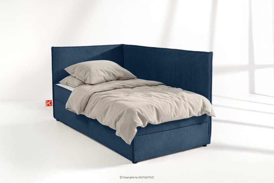 ROTI Boxspringbett 90 cm mit Rückenlehne aus dunkelblauem Kordstoff marineblau - Foto 1