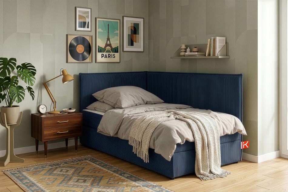 ROTI Boxspringbett 90 cm mit Rückenlehne aus dunkelblauem Kordstoff marineblau - Foto 13