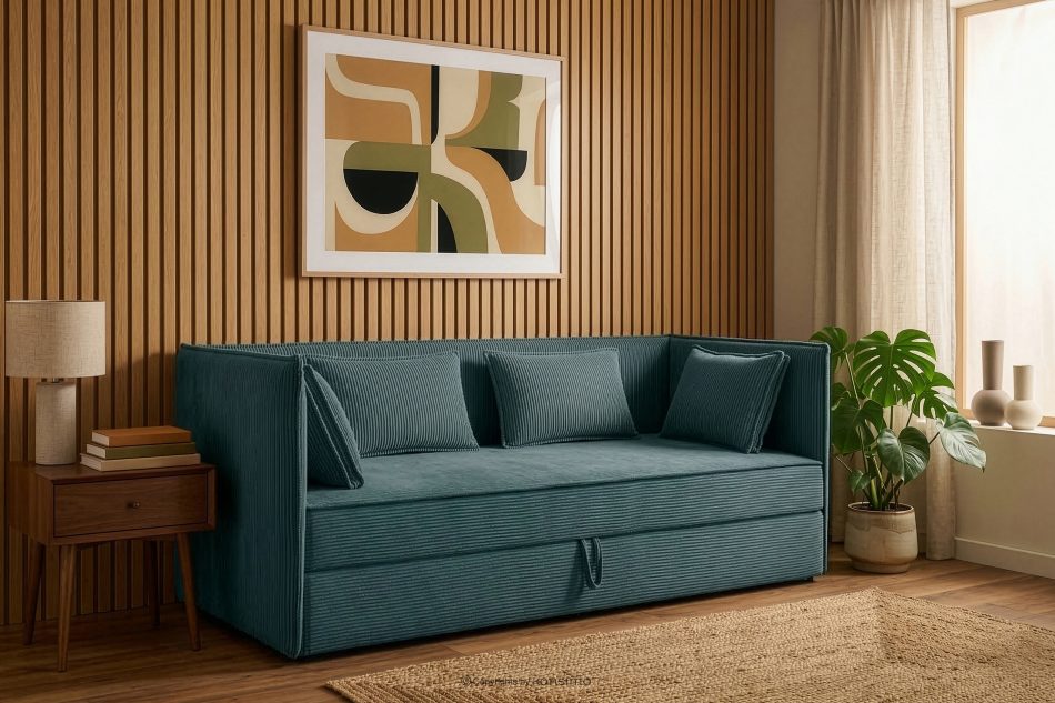 ROTI Boxspringbett für Jugendliche im Sofa-Stil aus Kordstoff 90 cm blau blau - Foto 12