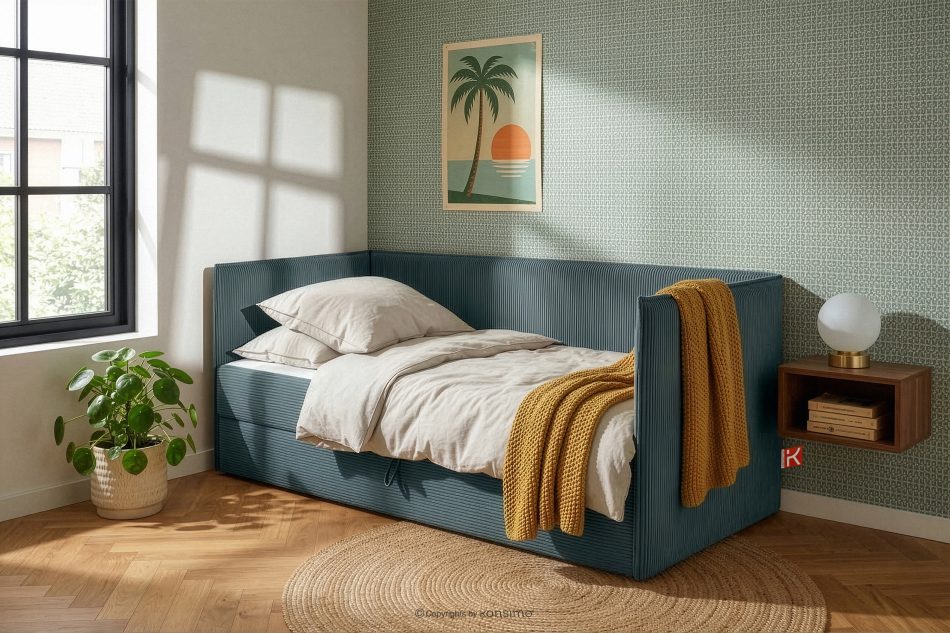 ROTI Boxspringbett für Jugendliche im Sofa-Stil aus Kordstoff 90 cm blau blau - Foto 13