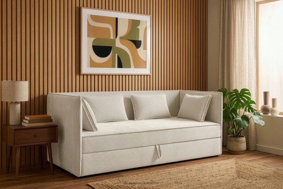 ROTI Boxspringbett für Jugendliche im Sofa-Stil aus Kordstoff 90 cm cremefarben cremefarben - Foto 12