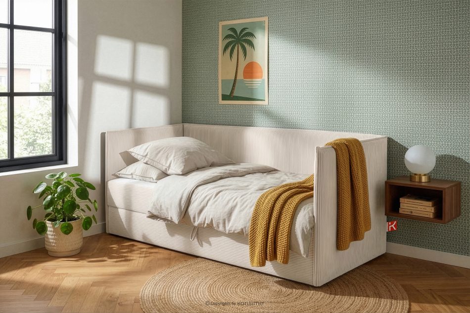 ROTI Boxspringbett mit Sofalehne aus Kordstoff 90 cm ecru ecru - Foto 13