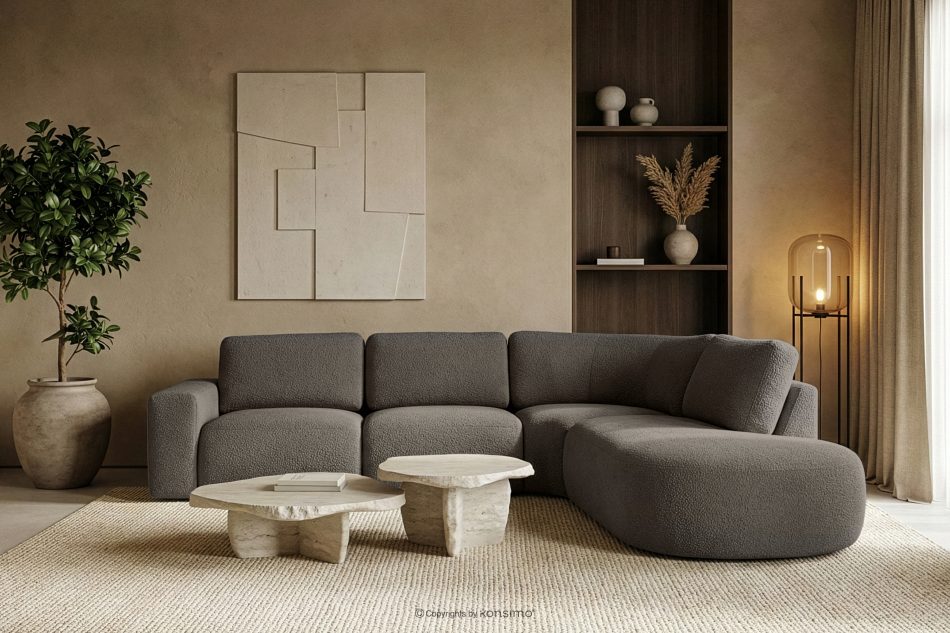 ZUCCO Große modulare Ecksofa aus Bouclé-Stoff rechts dunkelbraun dunkelbraun - Foto 11