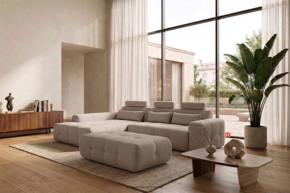 ALIGRA Wohnzimmermöbel-Set linke Eckcouch und Hocker aus Chenille-Stoff mit Steppung hellbraun hellbraun - Foto 22