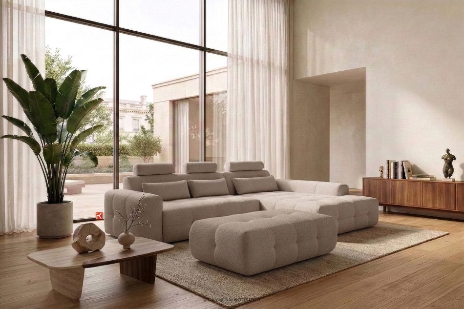 ALIGRA Wohnzimmermöbel-Set rechtes Ecksofa und Hocker aus Chenille-Stoff mit Steppung hellbraun hellbraun - Foto 22